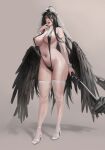  1girl albedo_(overlord) axe black_hair black_wings breasts bridal_veil covered_nipples detached_sleeves feathered_wings finger_to_mouth full_body high_heels highres jeneral large_breasts long_hair looking_at_viewer low_wings navel overlord_(maruyama) simple_background slingshot_swimsuit solo standing stomach swimsuit thighhighs veil very_long_hair wings 