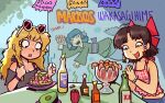  2girls alternate_costume artist_name avocado black_shirt blonde_hair blue_hair bottle bottle_cap bow bracelet braid breasts brown_hair ceviche_(food) cleavage commentary corona_(brand) crop_top dos_equis drooling english_commentary eyewear_on_head food freckles fruit gingham_clothes glass hair_bow hakurei_reimu hot_sauce jewelry kirisame_marisa lime_(fruit) lime_slice long_hair looking_at_food loose_hair_strand medium_hair mexico midriff missing_headwear mouth_drool multiple_girls mural open_mouth own_hands_together papel_picado plate raised_eyebrow red_bow restaurant sh1tty2 shirt shrimp shrimp_cocktail single_braid sleeveless sleeveless_shirt smile spaghetti_strap spanish_text sunburn sunglasses table tan tanlines touhou twin_braids wakasagihime 