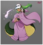  1girl absurdres baseball_cap belt belt_pouch border cigarette cosplay crocodilian_tail floating_hair gold_teeth green_hair grey_background grin hair_between_eyes hat hat_writing highres holding holding_wand jewelry long_sleeves looking_at_viewer magic monster_girl mouth_hold necklace noita noita_(character) noita_(character)_(cosplay) pink_robe pointy_ears ponytail possum pouch robe scales second-party_source sharp_teeth signature simple_background skijjyf slit_pupils smile smoke smoking solo sparkle tail teeth vial virtual_youtuber wand white_border wide_sleeves 