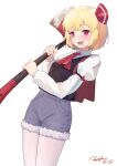  1girl absurdres ascot axe black_vest blonde_hair blush collared_shirt commentary_request cowboy_shot dated dated_commentary denim denim_shorts drooling dutch_angle grey_shorts hair_ribbon hand_up highres holding holding_axe littiecy long_sleeves looking_at_viewer open_mouth pantyhose puffy_long_sleeves puffy_sleeves red_ascot red_eyes red_ribbon ribbon rumia sharp_teeth shirt short_hair shorts signature simple_background smile solo standing teeth touhou vest white_background white_pantyhose white_shirt 