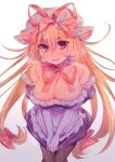  1girl absurdres blonde_hair blush breasts brown_pantyhose cleavage commentary_request dress dress_tug elbow_gloves embarrassed gap_(touhou) gloves hat hat_ribbon highres large_breasts long_hair looking_at_viewer masanaga_(tsukasa) open_mouth pantyhose purple_dress purple_eyes ribbon simple_background solo sweat touhou very_long_hair white_background white_gloves white_hat yakumo_yukari 