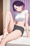  1girl arm_support bare_legs barefoot bed bed_sheet breasts closed_mouth collarbone commission crop_top cropped_shirt curtains feet foot_out_of_frame gradient_hair grey_shorts head_tilt highres indoors knee_up large_breasts legs looking_at_viewer medium_breasts midriff multicolored_hair nail_polish navel nihu on_bed original parted_bangs pink_hair purple_eyes purple_hair purple_nails second-party_source shirt short_hair short_shorts short_sleeves shorts sitting smile solo stomach swept_bangs thighs toenail_polish toenails toes white_shirt 