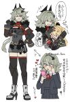  !? +++ 2girls ahoge anger_vein armor black_horns blonde_hair blush breastplate breasts caesar_king_(zenless_zone_zero) cleavage closed_eyes commentary_request fake_horns fur-trimmed_jacket fur_trim green_hair grin hair_intakes hair_ornament hairclip hand_on_own_hip heart highres horns jacket large_breasts long_hair luciana_de_montefio multiple_girls multiple_views open_mouth orange_eyes popochi_fuwa prosthesis prosthetic_arm school_uniform side_ponytail simple_background smile sparkle translation_request white_background zenless_zone_zero 