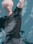  1boy absurdres adam's_apple arms_up biceps blue_background closed_mouth colored_eyelashes commentary_request compression_shirt eyelashes gojou_satoru greyscale_with_colored_background highres jujutsu_kaisen male_focus muscular muscular_male naspibon_ox shirt short_hair simple_background smile solo teeth 