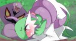 1girl absurdres arbok blurry blurry_background blush bob_cut clenched_teeth colored_skin commentary_request constriction fangs forked_tongue full-face_blush gardevoir green_background green_hair green_skin hair_over_one_eye hand_up highres m3_(gardevoir_m3) multicolored_skin one_eye_covered open_mouth outdoors pokemon pokemon_(creature) raised_eyebrows red_eyes short_hair snake solo_focus sweat tears teeth tongue two-tone_skin upside-down white_skin wide-eyed yellow_eyes 