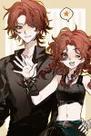  1boy 1girl :d absurdres black_shirt braid brynhildr_vilulf chinese_commentary commentary_request crop_top especiala frederick_kreiburg frederick_kreiburg_(clear_rationality) grey_eyes hair_intakes hand_on_own_hip height_difference highres identity_v multiple_braids navel orange_hair shirt smile upper_body waving 