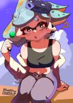  +_+ 1girl ? absurdres baggy_pants black_camisole bow-shaped_hair breasts camisole candy commentary crop_top english_commentary food grey_hair grey_pants highres holding holding_candy holding_food holding_lollipop hoshinokotta inkling jacket lollipop marie_(splatoon) midriff mole mole_under_eye object_on_head official_alternate_costume pants pointy_ears solo splatoon_(series) swept_bangs tentacle_hair updo white_jacket yellow_eyes 