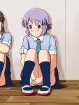  2girls angry bangs blue_shirt blue_skirt blue_socks blush breast_pocket brown_hair check_commentary checkered_necktie collar commentary_request covering covering_crotch dot_nose extra green_necktie idolmaster idolmaster_million_live! legs lielos looking_at_viewer makabe_mizuki multiple_girls necktie on_floor out_of_frame panties pocket purple_hair school_uniform shirt shoes short_hair short_sleeves sidelocks sitting skirt socks sweat thighs underwear uwabaki v-shaped_eyebrows wall wavy_hair wavy_mouth white_collar white_footwear white_panties wing_collar wooden_floor yellow_eyes 