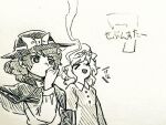  >_< 2girls book bow capelet cigarette collared_dress commentary_request dress hat hat_bow holding holding_book holding_cigarette long_sleeves maribel_hearn medium_hair menotama mob_cap multiple_girls open_mouth rainbow-colored_septentrion shirt smile smoking touhou traditional_media translation_request usami_renko 
