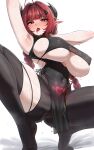  1girl absurdres ahoge arm_behind_head armpits arms_up azur_lane bare_arms bare_shoulders black_dress black_horns black_pantyhose black_thighhighs blush braid breasts china_dress chinese_clothes commentary_request covered_navel covered_nipples curled_horns dress drooling from_behind furrowed_brow hair_intakes heart heart-shaped_pupils highres hindenburg_(azur_lane) hindenburg_(dancer_of_the_deep_chamber)_(azur_lane) horns huge_breasts kuyokuyo long_hair looking_at_viewer low_twin_braids official_alternate_costume open_mouth panties pantyhose pelvic_curtain pointy_ears pubic_tattoo_through_clothing red_eyes red_hair side-tie_panties single_leg_pantyhose single_thighhigh skindentation sleeveless sleeveless_dress solo spread_legs squatting sweat symbol-shaped_pupils thick_thighs thighhighs thighs tiptoes tongue tongue_out twin_braids underboob underwear very_long_hair 