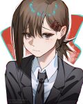  1girl artist_name black_necktie brown_eyes brown_hair business_suit chainsaw_man closed_mouth collared_shirt commentary drd1 hair_between_eyes hair_ornament hairclip higashiyama_kobeni highres light_blush looking_at_viewer medium_hair mole mole_under_eye mole_under_mouth multiple_moles necktie outline parallel_hairclips ponytail red_background shirt short_ponytail single_sidelock solo suit three-toned_background upper_body white_background white_outline white_shirt 