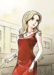  1girl blonde_hair blue_eyes bracelet breasts building character_request check_copyright collarbone commentary_request copyright_request cowboy_shot dress jewelry license_plate looking_to_the_side medium_hair necklace outdoors parted_lips red_dress satsuki_jin sleeveless sleeveless_dress small_breasts solo standing street_fighter 