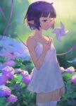  1girl absurdres bare_arms bare_shoulders blowing blunt_bangs blurry blurry_background blush bush commentary cowboy_shot dress flat_chest flower highres holding holding_pinwheel hololive hololive_english kiwwwwwi ninomae_ina'nis parted_lips pinwheel pointy_ears purple_eyes purple_flower purple_hair purple_ribbon ribbon see-through_silhouette short_dress short_hair sleeveless sleeveless_dress solo standing thighhighs virtual_youtuber white_dress white_thighhighs 
