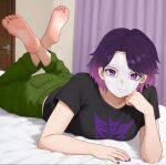  1girl barefoot beauty_mask bed black_shirt commentary commission curtains decepticon english_commentary feet feet_up full_body gradient_hair green_pants head_rest highres indoors legs_up looking_at_viewer lying mask multicolored_hair nail_polish nihu on_bed on_stomach original pants purple_eyes purple_hair purple_nails second-party_source shadow shirt short_hair short_sleeves soles solo the_pose toenails toes 