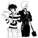  2boys adjusting_clothes adjusting_gloves andrew_kreiss ascot belt bruise bruised_eye capelet cross cross_necklace fid_brr flower gloves greyscale hair_over_one_eye head_tilt identity_v injury iris_(flower) jewelry looking_at_viewer luca_balsa male_focus monochrome multiple_boys necklace robe shirt striped_clothes striped_shirt translation_request 