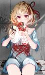  1girl blonde_hair covered_mouth fire floral_print flower hands_up highres holding holding_lighter lighter looking_at_viewer lycoris_recoil nishiki_yuno nishikigi_chisato no_pants red_eyes red_flower red_ribbon ribbon shadow shirt short_hair short_sleeves single_bare_shoulder sitting smoke smoking solo spider_lily t-shirt thighs white_shirt 