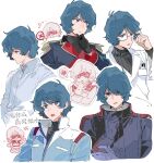  2boys blue_eyes blue_hair char_aznable glasses gundam highres i_akkkko_i kamille_bidan military_uniform multiple_boys multiple_expressions multiple_heads quattro_bajeena white_background zeta_gundam 