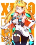  1girl absurdres bare_shoulders black_pantyhose blonde_hair breasts chest_jewel cleavage cleavage_cutout clothing_cutout commentary core_crystal_(xenoblade) dress earrings elbow_gloves english_commentary floating_earrings gloves highres hoshinokotta jewelry large_breasts long_hair microdress mythra_(massive_melee)_(xenoblade) mythra_(xenoblade) neon_trim pantyhose seamed_legwear solo swept_bangs thigh_strap tiara very_long_hair white_dress white_gloves xenoblade_chronicles_(series) xenoblade_chronicles_2 yellow_eyes 