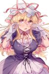  1girl absurdres alternate_costume arms_up bandaid bandaid_on_head blonde_hair blush bow breasts commentary_request cross-laced_clothes crying crying_with_eyes_open dress facing_viewer frilled_dress frills gloves hair_between_eyes hair_bow halftone hat hat_bow heart highres large_breasts layered_dress long_hair masanaga_(tsukasa) mob_cap neck_ribbon open_mouth purple_dress purple_eyes ribbon sidelocks sideways_glance solo tears touhou white_background white_dress white_gloves yakumo_yukari 