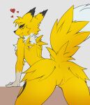  anthro bandai_namco bent_over digimon digimon_(species) eeveelution female fur generation_1_pokemon genitals hi_res hybrid jolteon looking_at_viewer looking_back moonfluffmf nintendo pokemon pokemon_(species) presenting presenting_vulva purple_eyes renamon smile solo spread_legs spreading vulva white_body white_fur yellow_body yellow_fur 