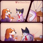  2022 anthro canid canine canis clothed clothing comic domestic_cat domestic_dog duo felid feline felis furniture glassshine hi_res humor inside male mammal mug multiple_images necktie pain pecas_(freckles) relatable signature smile steve_(glassshine) table 