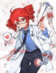  1girl absurdres ahoge black_necktie black_pants blood blood_bag blue_shirt chinese_commentary commentary_request doctor dress_shirt drill_hair glasses heart highres igaku_(utau) intravenous_drip kasane_teto lab_coat looking_at_viewer luoke necktie nurse pants red_eyes red_hair shirt simple_background smile solo syringe thigh_gap twin_drills utau white_background 