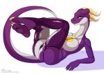  anthro areola asian_mythology breasts dragon east_asian_mythology eastern_dragon female horn io_(anzuneth) legs_up looking_at_viewer lying mythology nipples nude on_back purple_body purple_eyes scalie sevk solo yellow_areola yellow_horn 