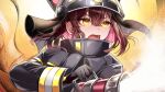  1girl animal_ears bangs black_gloves brown_hair cat_ears cat_girl crossed_bangs fang fire fire_helmet firefighter firefighter_jacket gloves holding holding_hose hose jacket long_hair looking_to_the_side medium_hair misyune open_mouth original sidelocks solo water 