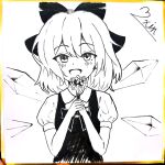  1girl absurdres blush bow bowtie chinese_commentary cirno collared_shirt commentary_request detached_wings dress flower hair_bow highres holding holding_flower ice ice_wings interlocked_fingers looking_at_viewer open_mouth own_hands_together pinafore_dress puffy_short_sleeves puffy_sleeves shikishi shirt short_sleeves signature sleeveless sleeveless_dress smile solo touhou traditional_media upper_body wings wrainman 