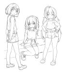  3girls ahoge arms_behind_back commentary comodox denim denim_shorts faeryn_(comodox) hair_bobbles hair_ornament hairclip hands_on_own_hips lineart long_hair looking_at_viewer lulla_(comodox) midriff miu_(comodox) monochrome multiple_girls navel original own_hands_together pantyhose shirt shoes short_hair short_shorts shorts sitting sleeveless sleeveless_shirt smile standing thighs twintails two_side_up untranslatable_commentary 