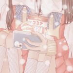  2girls bandaid bandaid_on_knee bandaid_on_leg blue_bow blue_bowtie bow bowtie brown_hair can cellphone checkered_bow checkered_bowtie checkered_clothes coat commentary fingernails highres holding holding_can holding_phone knees_up long_hair long_sleeves multiple_girls nekomaru0817 original pastel_colors phone pleated_skirt red_coat red_skirt scarf school_uniform sitting skirt smartphone snow snowing socks sweater_vest translation_request untranslatable_commentary white_scarf white_socks yellow_sweater_vest 