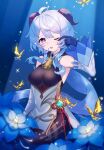  1cm137w 1girl ahoge bangs bare_shoulders bell black_gloves black_pantyhose blue_flower blue_hair breasts bug butterfly chinese_knot detached_sleeves flower flower_knot ganyu_(genshin_impact) genshin_impact glaze_lily gloves gold_trim highres horns long_hair looking_at_viewer low_ponytail medium_breasts neck_bell night one_eye_closed open_mouth oyasumign8 pantyhose purple_eyes rubbing_eyes seiza sidelocks sitting solo thighlet vision_(genshin_impact) white_sleeves 