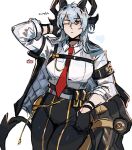  1girl absurdres arm_behind_head armband artist_logo black_gloves black_horns black_pants breasts bright_pupils closed_mouth collared_shirt cowboy_shot demon_girl demon_horns demon_tail gloves graysheartart grey_hair highres horns jacket logo long_hair long_sleeves looking_at_viewer necktie one_eye_closed pants red_eyes red_necktie shirt simple_background solo tail white_background white_pupils white_shirt wuthering_waves zani_(wuthering_waves) 