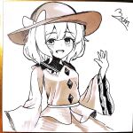  1girl absurdres blush bow breasts buttons chinese_commentary collared_shirt commentary_request diamond_button frilled_shirt_collar frilled_sleeves frills hat hat_bow highres komeiji_koishi long_sleeves looking_at_viewer open_mouth photo_(medium) shikishi shirt signature small_breasts smile solo teeth touhou traditional_media upper_teeth_only wide_sleeves wrainman 