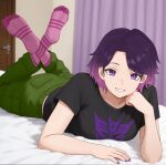  1girl bed black_shirt commentary commission crossed_ankles decepticon english_commentary feet gradient_hair green_pants head_rest highres indoors legs_up looking_at_viewer lying multicolored_hair nail_polish nihu no_shoes on_bed on_stomach original pants parted_bangs pink_socks purple_eyes purple_hair purple_nails second-party_source shirt short_hair short_sleeves side_part smile socks soles solo the_pose toes 