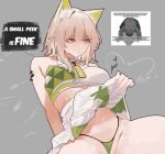  animal_ears arknights averting_eyes bare_shoulders blue_archive cat_ears cat_girl cheerleader clothes_lift colored_inner_animal_ears colored_skin commentary green_panties green_skirt green_tube_top grey_background grey_hair high-waist_skirt kal'tsit_(arknights) material_growth medium_hair millennium_cheerleader_outfit_(blue_archive) motion_lines multicolored_skin navel nuggetkouhai o3o oripathy_lesion_(arknights) panties simple_background skirt skirt_lift squiggle strapless string_panties sweat tube_top two-tone_skin two-tone_tube_top underwear white_skirt white_tube_top 
