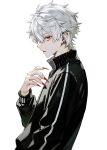  1boy black_jacket commentary_request earrings fang fingernails from_side full-length_zipper high_collar highres hrak_mumi jacket jewelry kuzuha_(1st_costume)_(nijisanji) kuzuha_(nijisanji) long_fingernails male_focus mole mole_under_eye nijisanji partially_unzipped pointy_ears red_eyes red_nails sharp_fingernails short_hair simple_background skin_fang solo track_jacket twitter_username upper_body white_background white_hair zipper 
