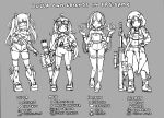  4girls alternate_costume bare_shoulders commentary comodox contrapposto faeryn_(comodox) grey_background long_hair lulla_(comodox) midriff miu_(comodox) multiple_girls navel original sheryn_(comodox) short_hair shorts simple_background standing thighs twintails two_side_up untranslatable_commentary vest weapon 