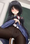  1girl absurdres black_hair black_jacket black_panties black_pantyhose bow bow_panties clothed_masturbation clothes_lift crotch_rub date_a_live female_masturbation hair_over_one_eye highres jacket lifted_by_self low_twintails masturbation masturbation_through_clothes panties panties_under_pantyhose pantyhose pleated_skirt raizen_high_school_uniform red_eyes school_uniform shengtian shirt skirt skirt_lift tokisaki_kurumi twintails underwear uneven_twintails white_panties white_shirt 