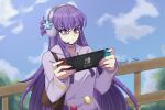  1girl alternate_costume artist_name blue_sky blunt_bangs blurry blurry_background cloud cloudy_sky commentary english_commentary genshin_impact glasses headphones hood hood_down hoodie hoyofair light_blush long_sleeves looking_down maii_artss nintendo_switch open_mouth outdoors purple_eyes purple_hair purple_hoodie purple_nails raiden_shogun raiden_shogun_(2nd_anniversary) sky solo twitter_username 