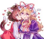  ... 2girls animal_ear_fluff animal_ears blonde_hair blush bow bowtie breasts brown_eyes brown_hair cat_ears cat_girl cat_tail chen choker cleavage closed_mouth collar commentary_request dress earrings elbow_gloves frilled_sleeves frills gloves gold_trim green_hat hair_between_eyes hat hat_ribbon heart jewelry large_breasts leaning_forward licking licking_another's_cheek licking_another's_face long_hair long_sleeves masanaga_(tsukasa) mob_cap motion_lines multiple_girls multiple_tails open_mouth pink_ribbon puffy_short_sleeves puffy_sleeves purple_dress purple_eyes raised_inner_eyebrows red_skirt red_vest ribbon ribbon_choker shirt short_hair short_sleeves simple_background single_earring skirt smile speech_bubble spoken_ellipsis sweatdrop tail thought_bubble tongue tongue_out touhou vest white_background white_bow white_bowtie white_gloves white_hat white_shirt yakumo_yukari 