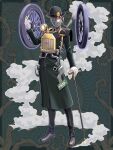  black_hat black_pants black_shoes bowler_hat cane chain_paradox claws coat exhaust_pipe facing_viewer full_body gloves grey_background hand_up hat hat_ornament henry_ford_(chain_paradox) license_plate monocle morisawa_tomohiro object_head pants shoes smoke trench_coat wheel white_gloves 