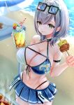  1girl absurdres bare_shoulders bikini black_bikini blush bottle breasts chewing cleavage closed_mouth commentary_request cup eating eyewear_on_head food front-tie_top fruit green_eyes grey_hair hair_between_eyes highleg highleg_bikini highres holding holding_bottle holding_cup holding_skewer hololive jewelry large_breasts looking_at_viewer multicolored_bikini navel necklace off_shoulder official_alternate_costume orange_(fruit) orange_slice outdoors plastic_bottle shirogane_noel shirogane_noel_(summer_2020) short_hair side-tie_bikini_bottom skewer smile solo stomach sunglasses swimsuit thigh_strap thighs two-tone_bikini udon_mentai virtual_youtuber white_bikini 