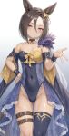  1girl absurdres adapted_costume ai-generated air_groove_(empress_road)_(umamusume) air_groove_(umamusume) animal_ears ass_visible_through_thighs bare_shoulders blush bow breasts brown_hair choker clan2411 cleavage collarbone covered_navel detached_sleeves ear_bow gold_trim hair_between_eyes highres horse_ears horse_girl leotard looking_at_viewer parted_lips pink_eyes short_hair single_thighhigh solo thigh_gap thigh_strap thighhighs two-sided_fabric umamusume wrist_cuffs 
