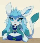  anthro anthrofied blue_body blue_eyes blue_fur blue_hair blush breast_rest breasts cleavage clothed clothing eeveelution eyelashes female fur generation_4_pokemon glaceon gloves_(marking) hair hi_res holding_object licking looking_at_viewer markings nintendo pokemon pokemon_(species) pokemorph shirt signature simple_background smile solo tank_top tongue tongue_out topwear vicks_vaporub video_games waspsalad 