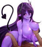  9is big_breasts bodily_fluids breast_grab breasts cowgirl_position demon demon_humanoid female female_penetrated from_front_position hand_on_breast hi_res humanoid male male/female male_penetrating male_penetrating_female nipples not_furry on_bottom on_top penetration purple_body purple_skin sex spade_tail sweat 