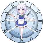  1girl analog_clock apron back_bow between_fingers black_shoes blue_eyes blush bow braid cake cake_slice chinese_commentary circle clock closed_mouth commentary_request cup deformed food full_body green_bow green_ribbon grey_hair hair_bow highres holding holding_knife holding_tray izayoi_sakuya knife knives_between_fingers long_hair looking_at_viewer maid maid_headdress neck_ribbon puffy_short_sleeves puffy_sleeves purple_eyes ribbon roman_numeral shoes short_sleeves simple_background solo teacup thigh_strap thighhighs touhou tray twin_braids waist_apron white_apron white_background white_bow white_thighhighs wrainman 