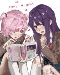  18+_symbol 2girls b0knfrx blue_skirt blush bob_cut book brown_jacket collared_shirt commentary doki_doki_literature_club doki_doki_literature_club_school_uniform english_commentary hair_ornament hairpin heart highres holding holding_book jacket kneehighs long_hair long_sleeves looking_at_another looking_at_object manga_(object) multiple_girls natsuki_(doki_doki_literature_club) open_mouth pink_eyes pink_hair pleated_skirt pointing pointing_at_object purple_eyes purple_hair reading reading_together red_ribbon ribbon school_uniform shirt short_hair short_twintails sitting skirt socks sweater sweater_vest swept_bangs twintails white_background white_shirt white_socks yuri yuri_(doki_doki_literature_club) 