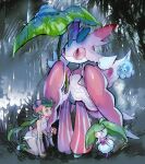  1girl big_mushroom_(pokemon) castform castform_(rainy) commentary_request floating flower green_eyes green_hair green_shoes grey_overalls hair_flower hair_ornament headband holding holding_leaf holding_mushroom kantarou_(8kan) kneeling leaf leaf_umbrella long_hair lurantis mallow_(pokemon) mushroom nature open_mouth outdoors overall_shorts overalls pink_eyes pink_flower pokemon pokemon_sm rain shoes smile standing steenee twintails 
