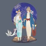  1boy 1girl aerial_fireworks alternate_costume black_background character_doll commentary_request corrin_(dragon)_(fire_emblem) doll female_corrin_(fire_emblem) fire_emblem fire_emblem_fates fire_emblem_heroes fireworks grey_hair hair_ribbon high_ponytail highres japanese_clothes kimono long_hair night official_alternate_costume outdoors ponytail red_ribbon ribbon sorafuuai takumi_(fire_emblem) takumi_(yukata)_(fire_emblem) 